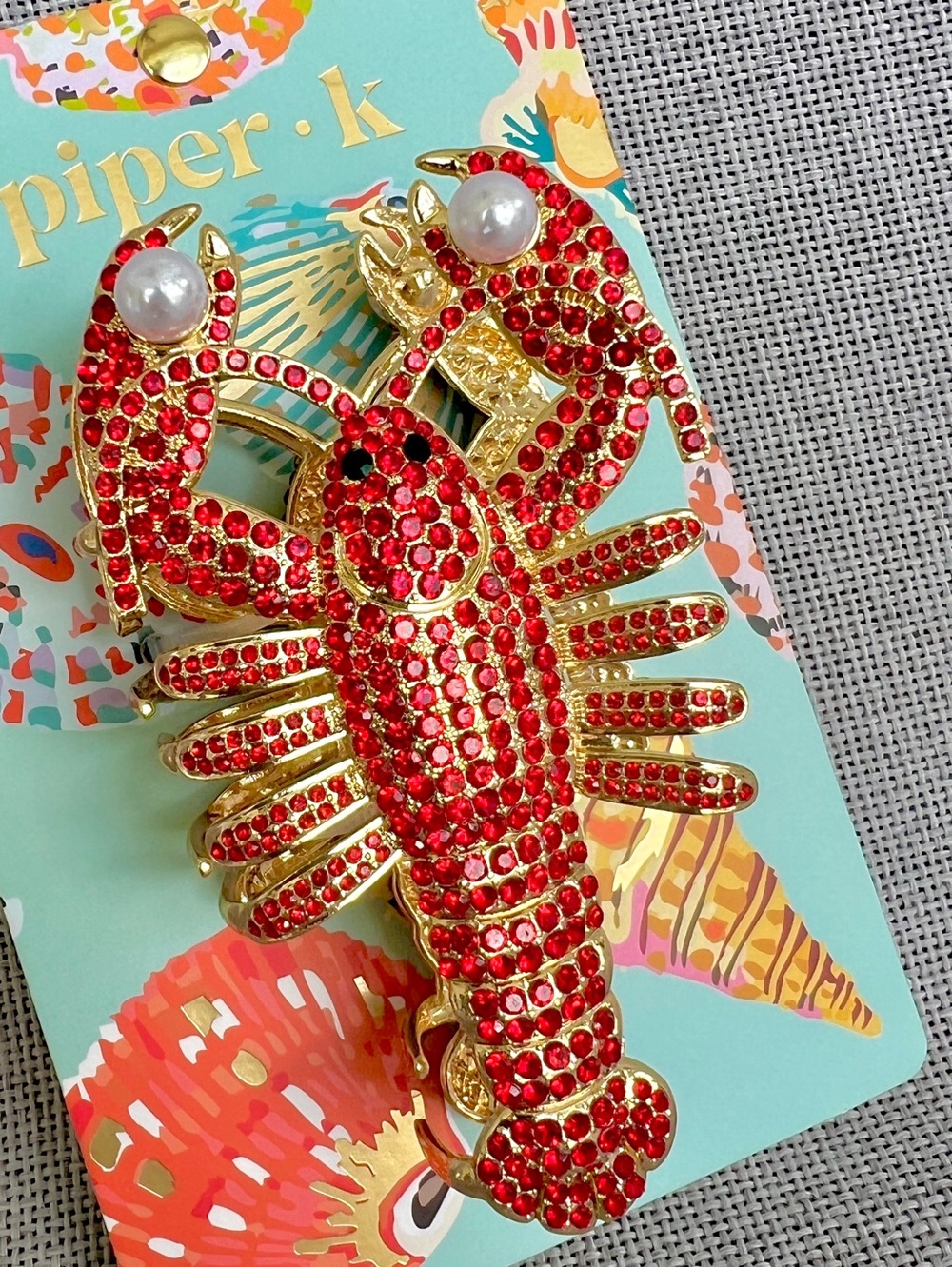 Piper K Lobster hair jaw claw hair clip red rhinestones crystals pearls gold